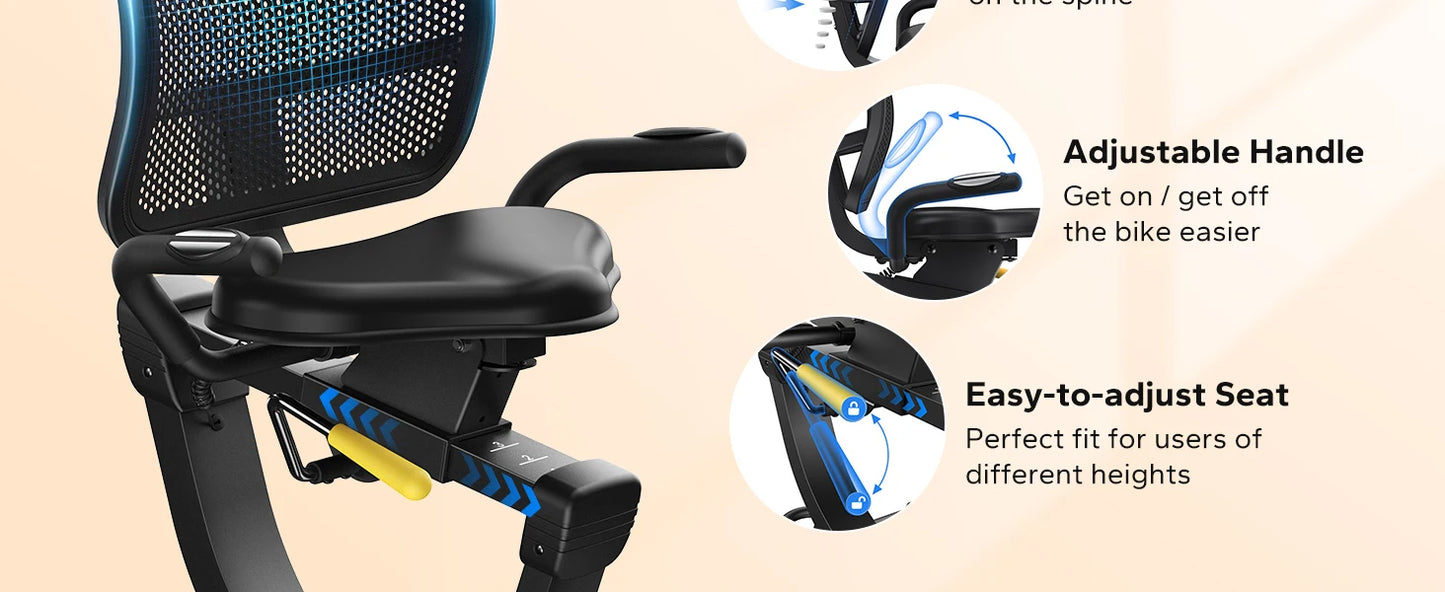 Recumbent Exercise Bike – Quiet Magnetic Stationary Bike with Heart Rate Handles, LCD Display, and App Integration (330lb Capacity)
