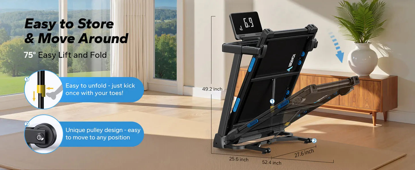Foldable Treadmill with Incline – Quiet Double Deck Shock Absorption, Heart Rate Monitoring, 7.5MPH