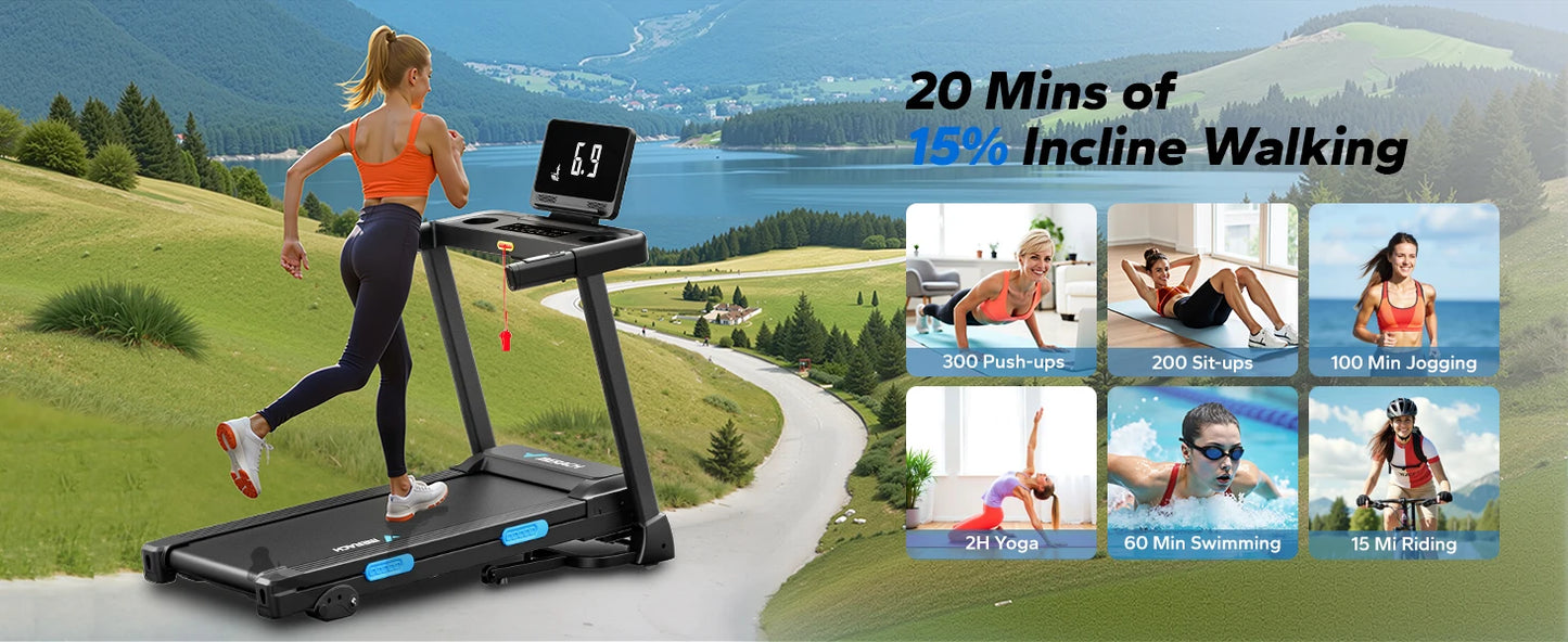 Foldable Treadmill with Incline – Quiet Double Deck Shock Absorption, Heart Rate Monitoring, 7.5MPH