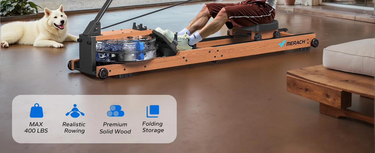 Water Rowing Machine – Foldable Wooden Rower with 400lb Capacity, Bluetooth Monitor, and Adjustable Resistance