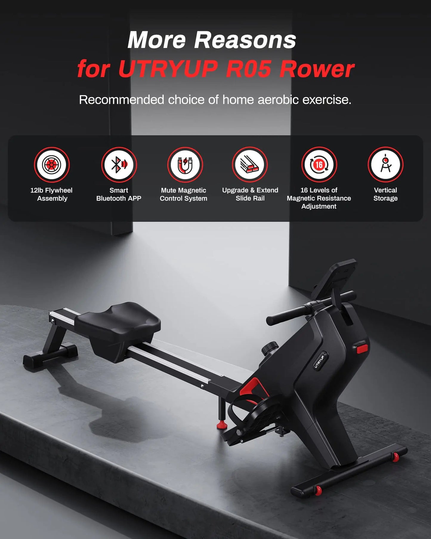 Magnetic Rowing Machine – UTRYUP R05/R10 with 16 Resistance Levels, Bluetooth App, and Quiet Foldable Design