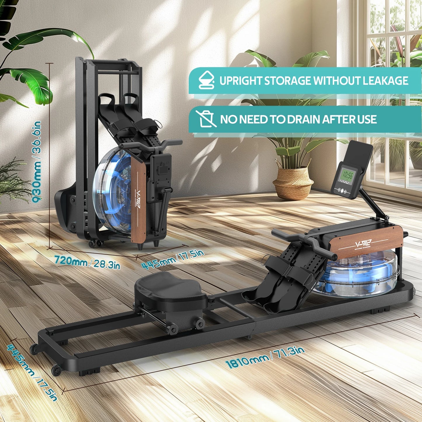 Water Rowing Machine for Home – Foldable Rower with Bluetooth Monitor, 6-Level Adjustable Resistance & Tablet Holder (160kg Capacity)