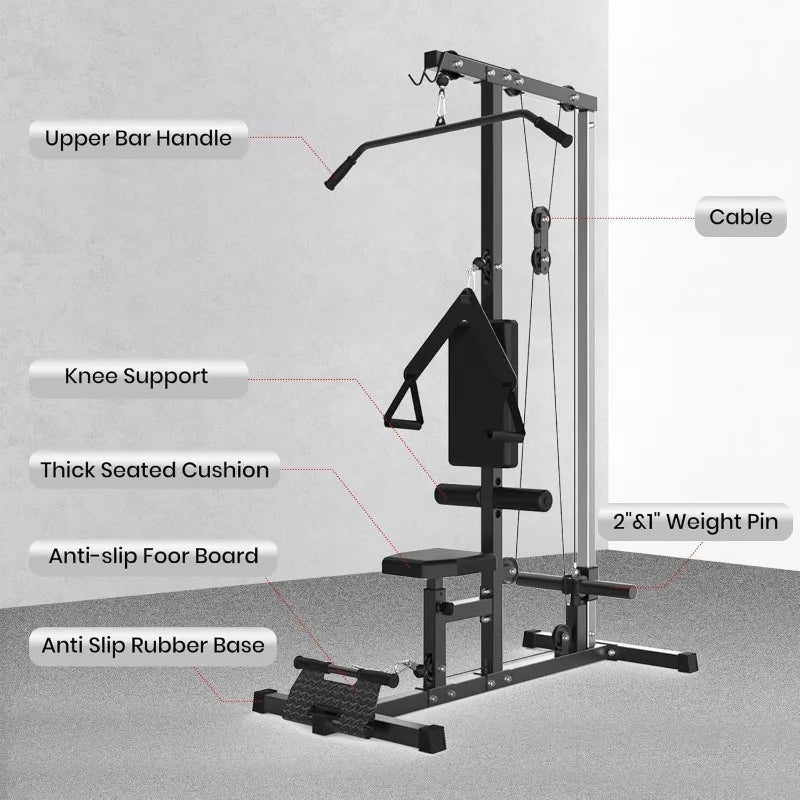 Lat Pulldown Machine with High/Low Pulley – Adjustable Seat, Row Station, and Cable Attachments for Home Gym