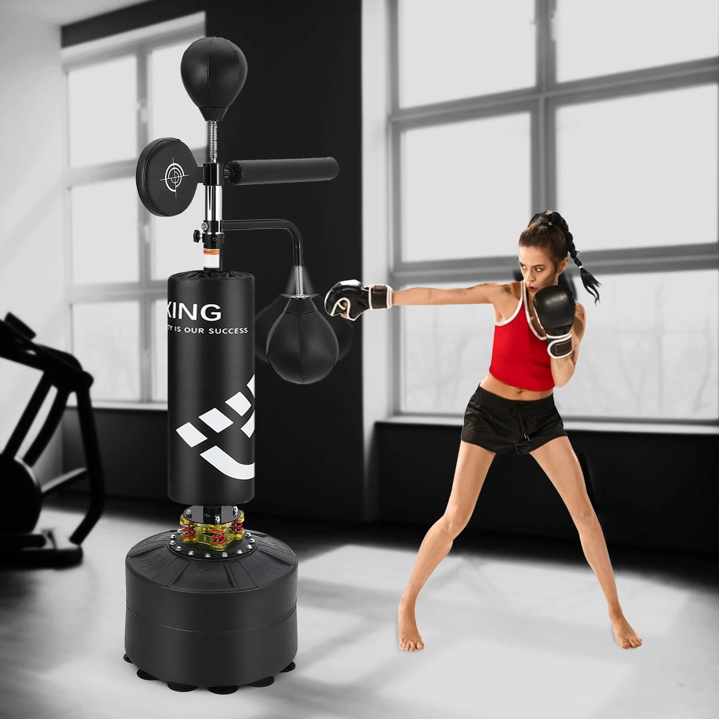 5-in-1 Punching Bag with Stand – Freestanding Boxing Trainer with Speed Balls, Reflex Bar, Target Pad, and Adjustable Height