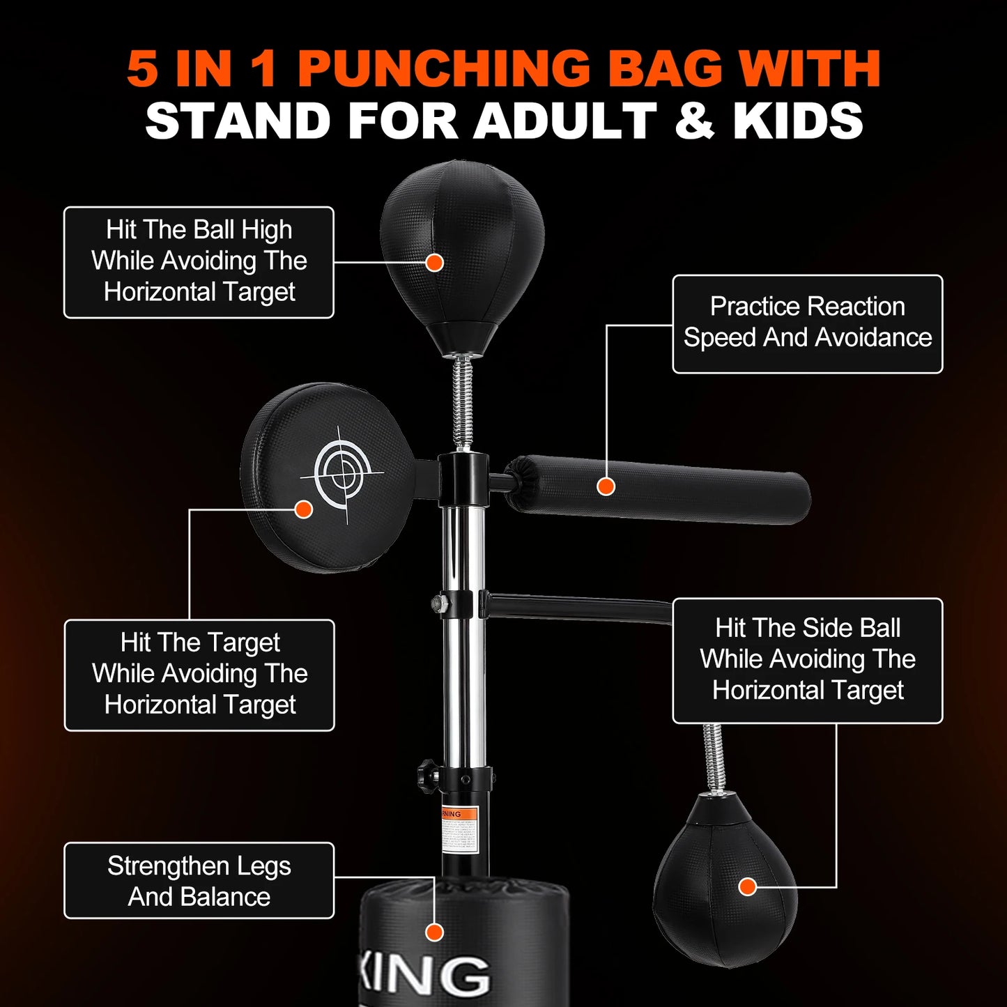 5-in-1 Punching Bag with Stand – Freestanding Boxing Trainer with Speed Balls, Reflex Bar, Target Pad, and Adjustable Height