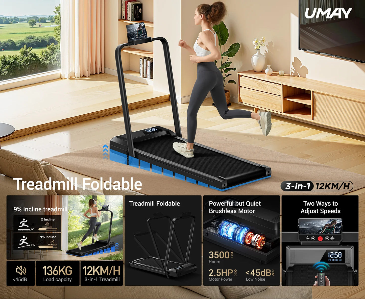 Walking Pad Treadmill with Incline – Under-Desk Folding Treadmill with Handrails, Quiet Motor & LED Display for Home/Office