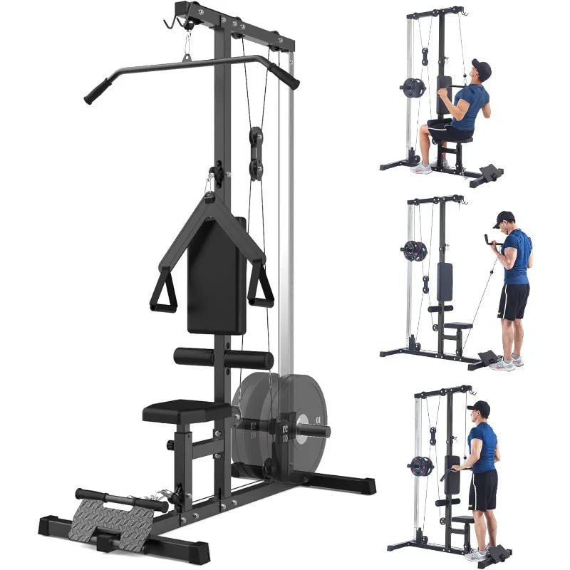 Lat Pulldown Machine with High/Low Pulley – Adjustable Seat, Row Station, and Cable Attachments for Home Gym