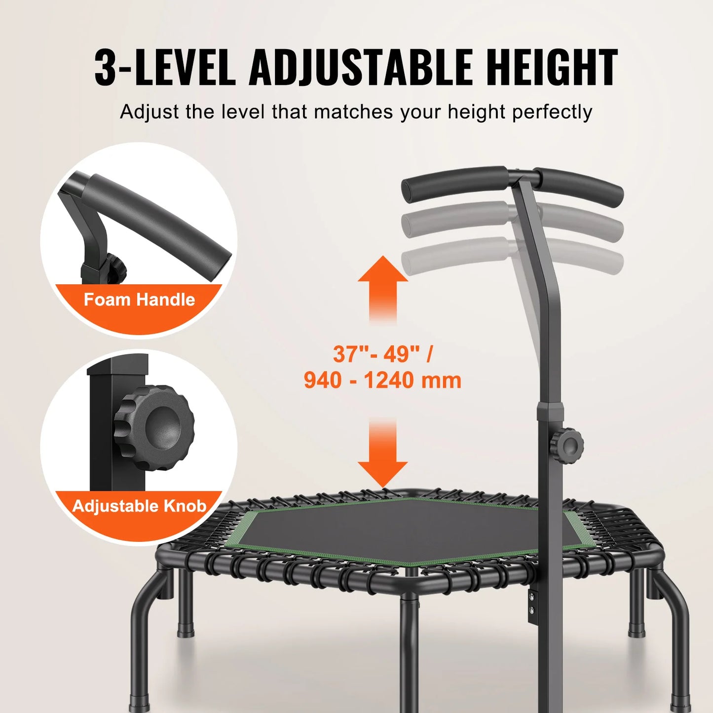 Mini Fitness Trampoline – 54.5" Rebounder with Adjustable Handle, Quiet Bungee System, and 450lb Capacity