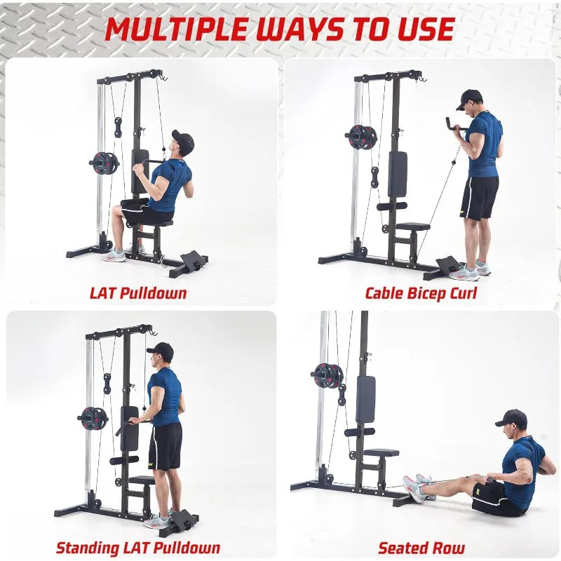 Lat Pulldown Machine with High/Low Pulley – Adjustable Seat, Row Station, and Cable Attachments for Home Gym
