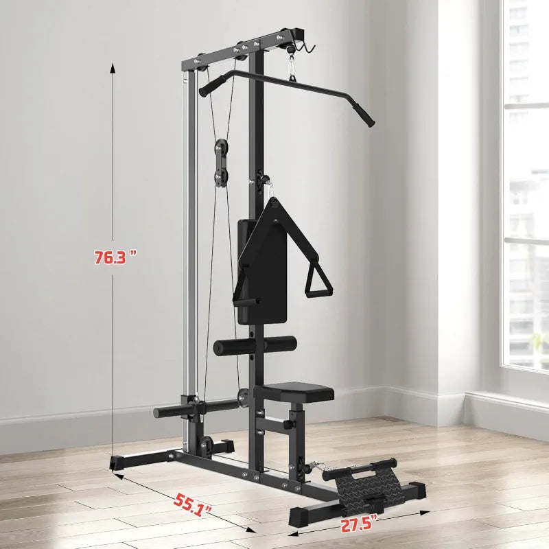 Lat Pulldown Machine with High/Low Pulley – Adjustable Seat, Row Station, and Cable Attachments for Home Gym