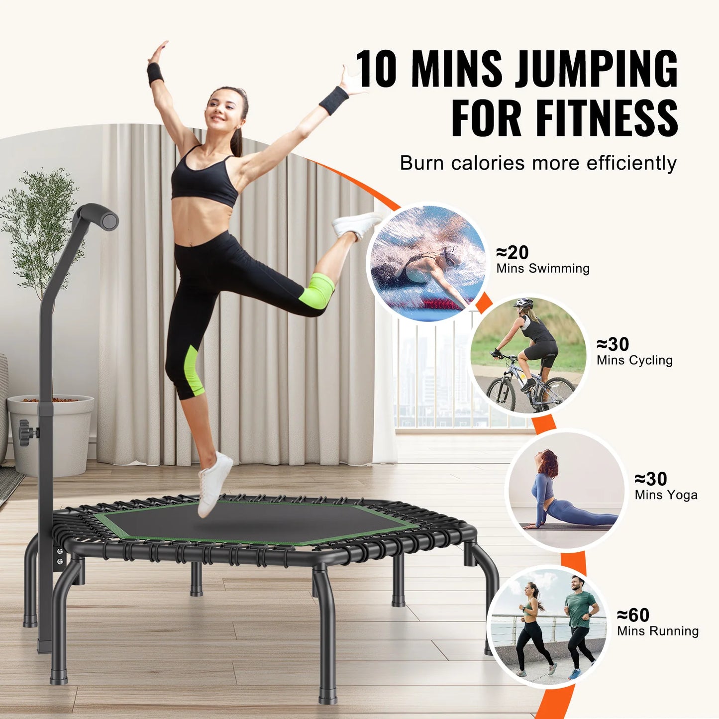 Mini Fitness Trampoline – 54.5" Rebounder with Adjustable Handle, Quiet Bungee System, and 450lb Capacity