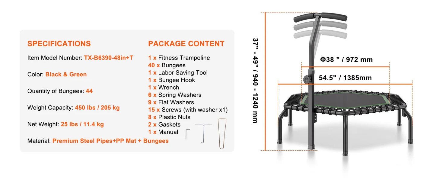 Mini Fitness Trampoline – 54.5" Rebounder with Adjustable Handle, Quiet Bungee System, and 450lb Capacity