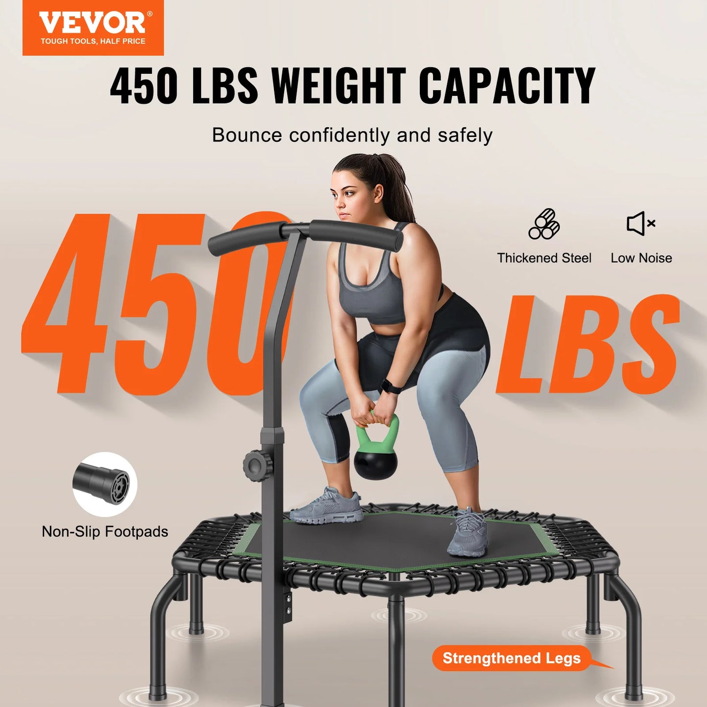 Mini Fitness Trampoline – 54.5" Rebounder with Adjustable Handle, Quiet Bungee System, and 450lb Capacity