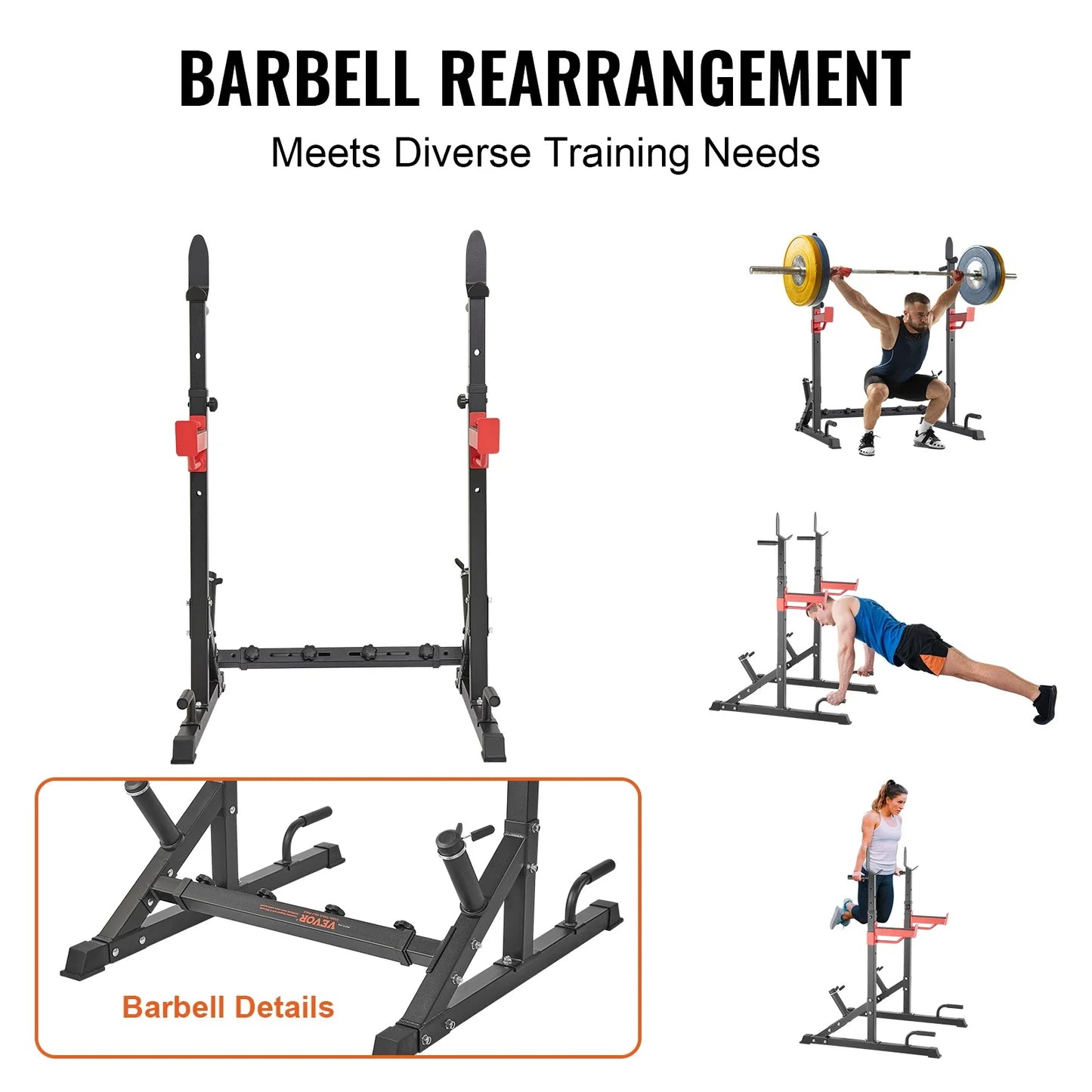 Adjustable Squat Stand Power Rack – Multi-Functional Barbell Rack with Hooks, Safety Arms, and Weight Plate Storage