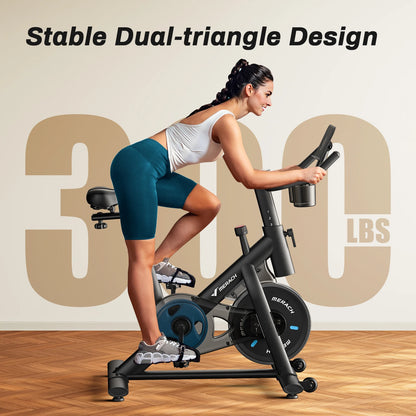 Stationary Exercise Bike – Quiet Indoor Cycling Bike with Brake Pad Resistance, App Connectivity, and 300lb Capacity