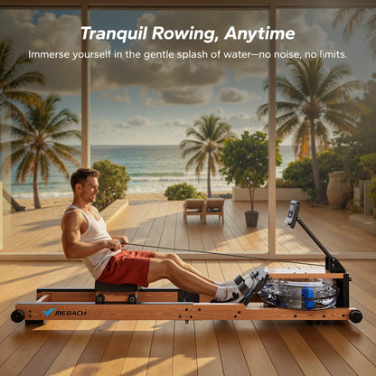 Water Rowing Machine – Foldable Wooden Rower with 400lb Capacity, Bluetooth Monitor, and Adjustable Resistance