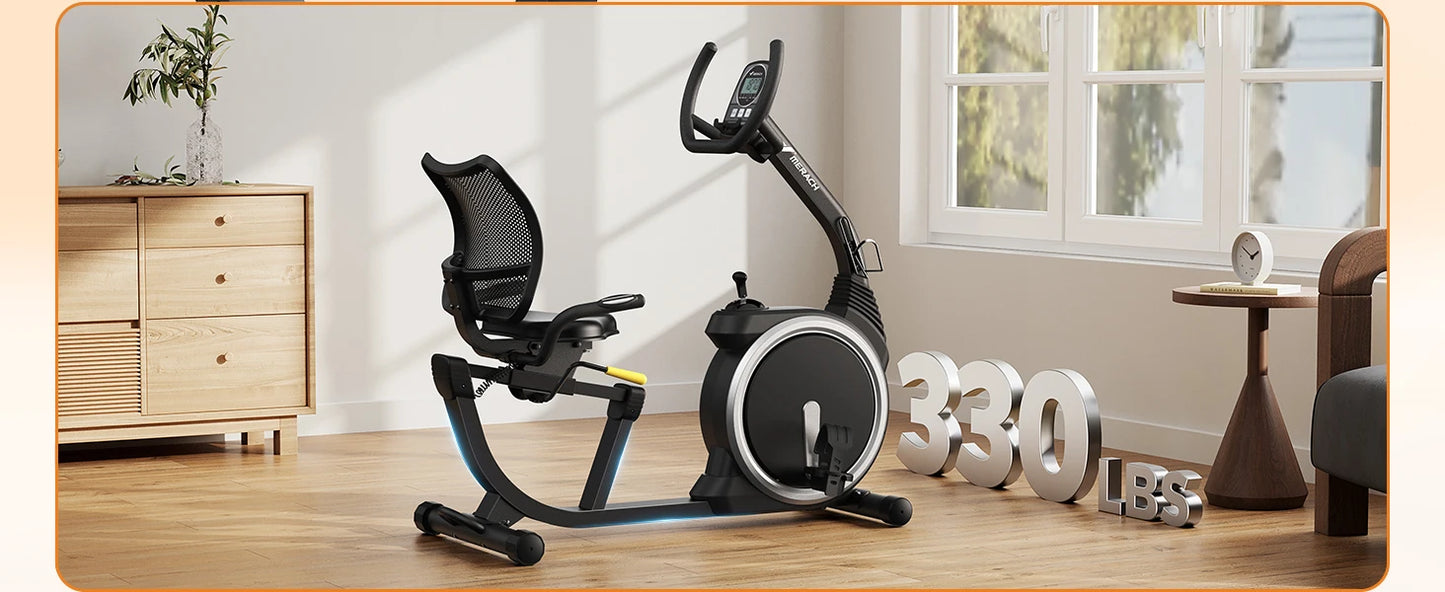 Recumbent Exercise Bike – Quiet Magnetic Stationary Bike with Heart Rate Handles, LCD Display, and App Integration (330lb Capacity)