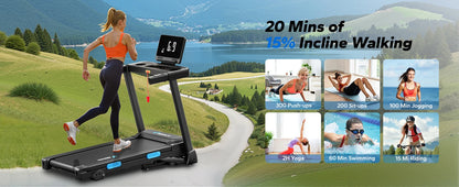 Foldable Treadmill with Incline – Quiet Double Deck Shock Absorption, Heart Rate Monitoring, 7.5MPH