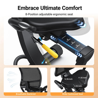 Recumbent Exercise Bike – Quiet Magnetic Stationary Bike with Heart Rate Handles, LCD Display, and App Integration (330lb Capacity)