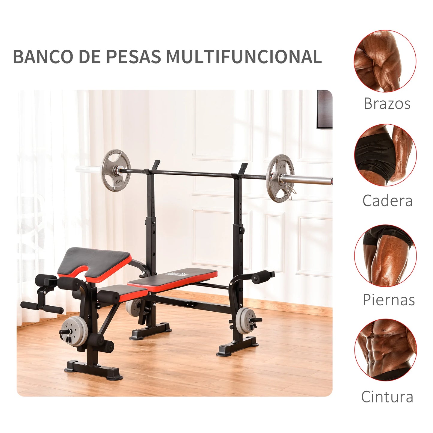 Adjustable Weight Bench with Bar Support – Full Body Strength Training Bench, Multi-Position Backrest, Leg Curl & Arm Trainer