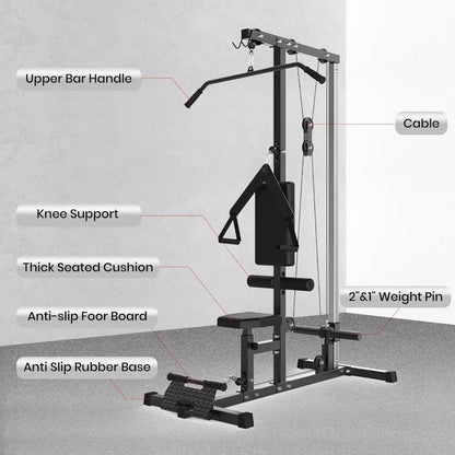 Lat Pulldown Machine with High/Low Pulley – Adjustable Seat, Row Station, and Cable Attachments for Home Gym