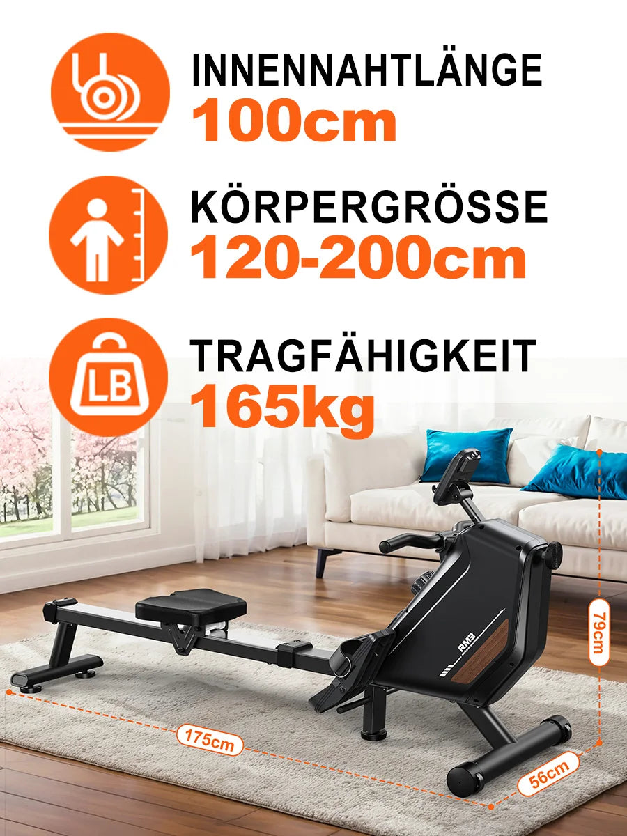 Magnetic Rowing Machine – Foldable RM3 Rower with 16 Resistance Levels, Bluetooth, and 150kg Capacity