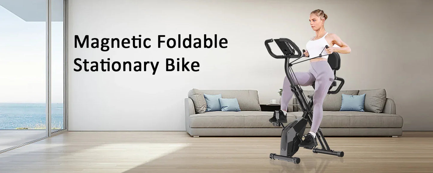 Foldable Exercise Bike – 8-Level Magnetic Resistance with Heart Rate Sensors, LCD Display, and Arm Resistance Bands