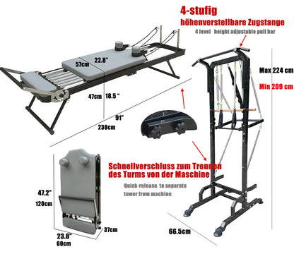 Pilates Reformer Machine with Tower – Foldable Home Pilates Equipment with Adjustable Pull-Up Bar & Elevated Platform