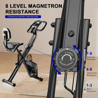 Foldable Exercise Bike – 8-Level Magnetic Resistance with Heart Rate Sensors, LCD Display, and Arm Resistance Bands