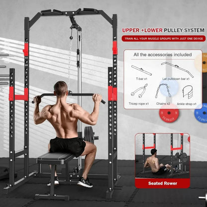 Multi-Function Power Rack – Home Gym Cage with Pulley System, Bench Press, Squat & LAT Pull-Down