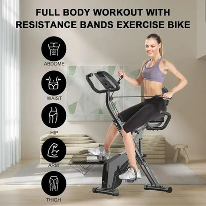 Foldable Exercise Bike – 8-Level Magnetic Resistance with Heart Rate Sensors, LCD Display, and Arm Resistance Bands