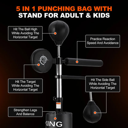 5-in-1 Punching Bag with Stand – Freestanding Boxing Trainer with Speed Balls, Reflex Bar, Target Pad, and Adjustable Height