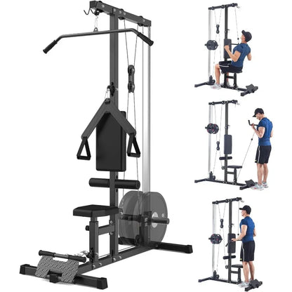 Lat Pulldown Machine with High/Low Pulley – Adjustable Seat, Row Station, and Cable Attachments for Home Gym