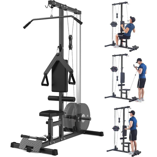 Lat Pulldown Machine with High/Low Pulley – Adjustable Seat, Row Station, and Cable Attachments for Home Gym