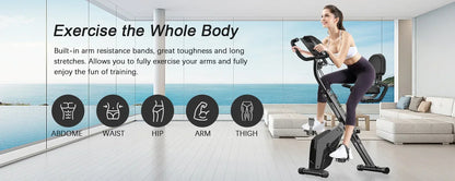 Foldable Exercise Bike – 8-Level Magnetic Resistance with Heart Rate Sensors, LCD Display, and Arm Resistance Bands