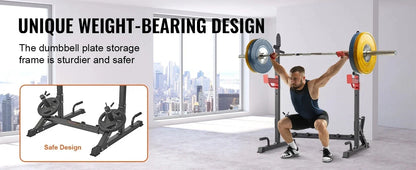Adjustable Squat Stand Power Rack – Multi-Functional Barbell Rack with Hooks, Safety Arms, and Weight Plate Storage