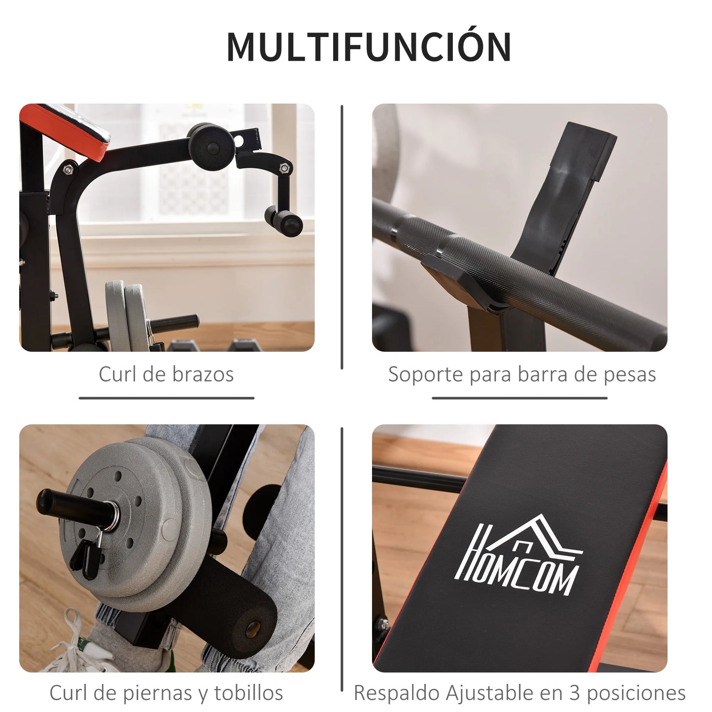 Adjustable Weight Bench with Bar Support – Full Body Strength Training Bench, Multi-Position Backrest, Leg Curl & Arm Trainer