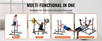 Adjustable Squat Stand Power Rack – Multi-Functional Barbell Rack with Hooks, Safety Arms, and Weight Plate Storage