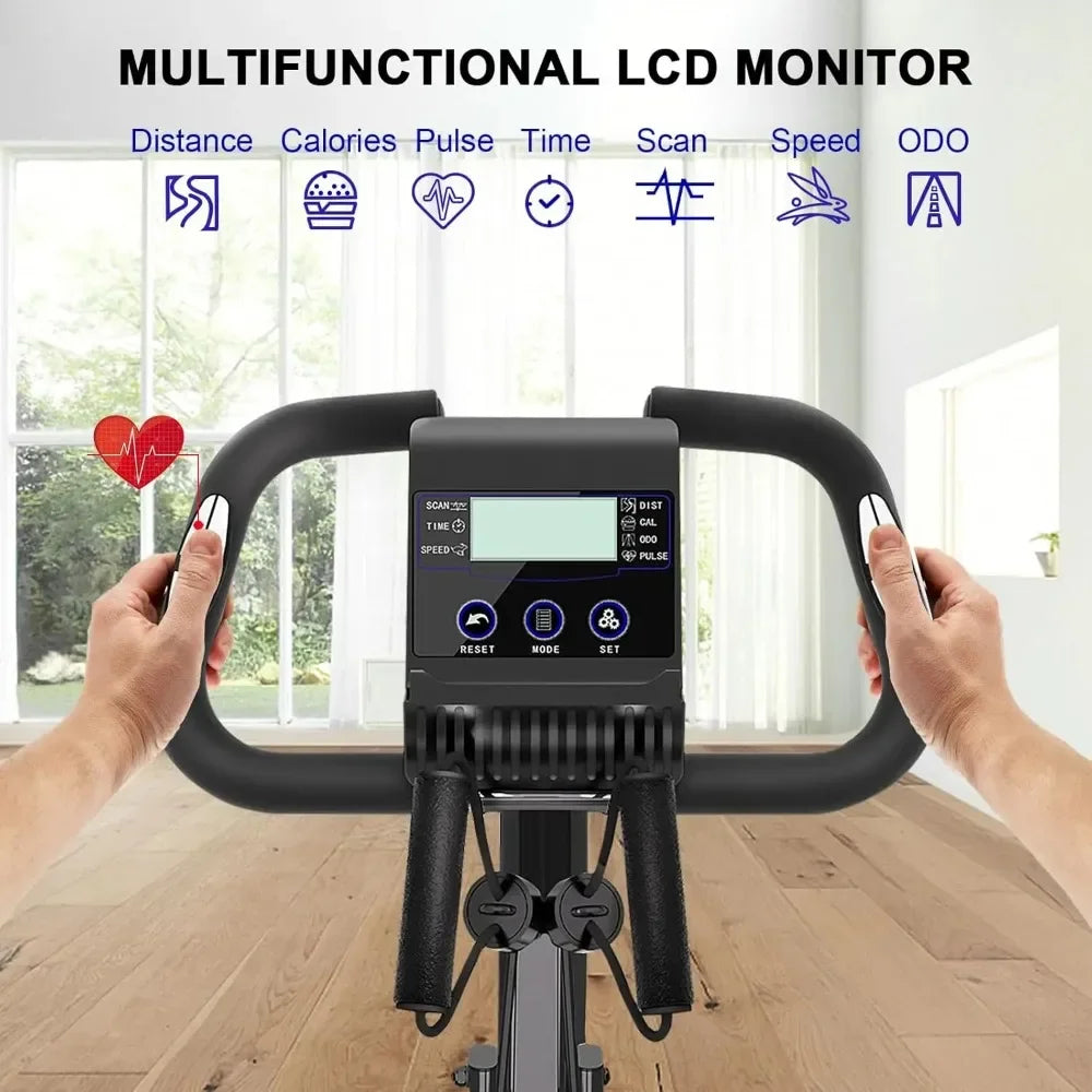 Foldable Exercise Bike – 8-Level Magnetic Resistance with Heart Rate Sensors, LCD Display, and Arm Resistance Bands