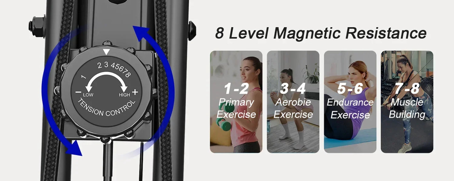 Foldable Exercise Bike – 8-Level Magnetic Resistance with Heart Rate Sensors, LCD Display, and Arm Resistance Bands