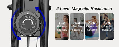 Foldable Exercise Bike – 8-Level Magnetic Resistance with Heart Rate Sensors, LCD Display, and Arm Resistance Bands
