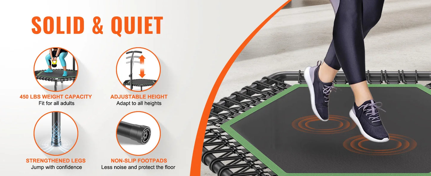 Mini Fitness Trampoline – 54.5" Rebounder with Adjustable Handle, Quiet Bungee System, and 450lb Capacity