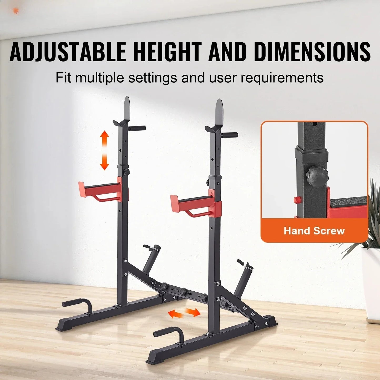 Adjustable Squat Stand Power Rack – Multi-Functional Barbell Rack with Hooks, Safety Arms, and Weight Plate Storage