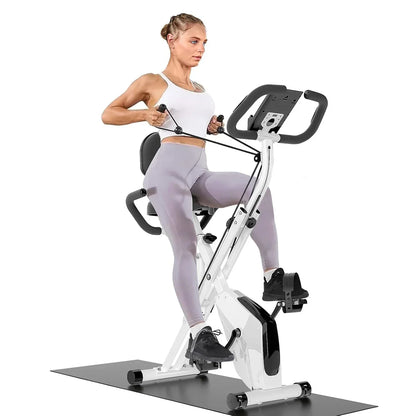 Foldable Exercise Bike – 8-Level Magnetic Resistance with Heart Rate Sensors, LCD Display, and Arm Resistance Bands