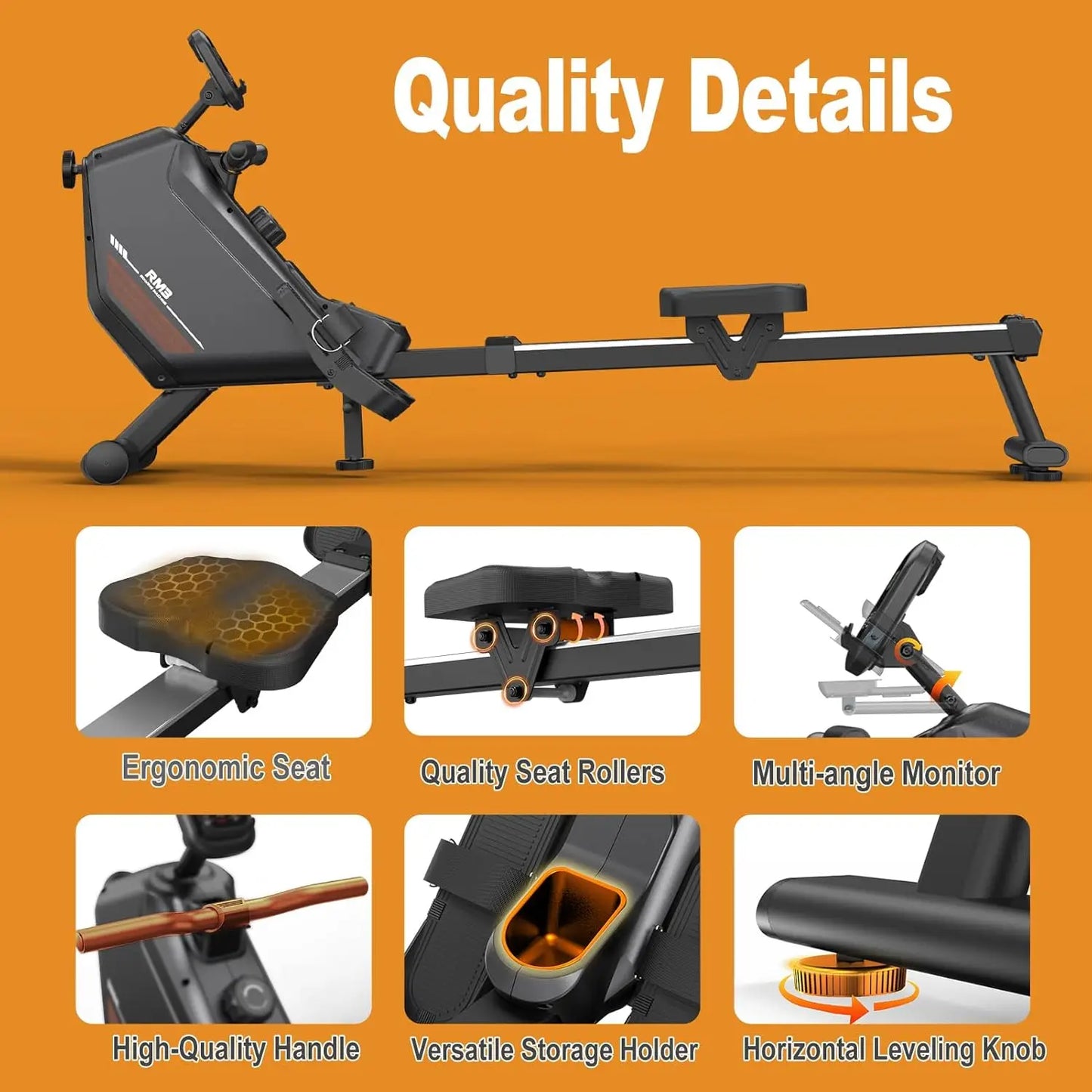 Magnetic Rowing Machine – Foldable RM3 Rower with 16 Resistance Levels, Bluetooth, and 150kg Capacity
