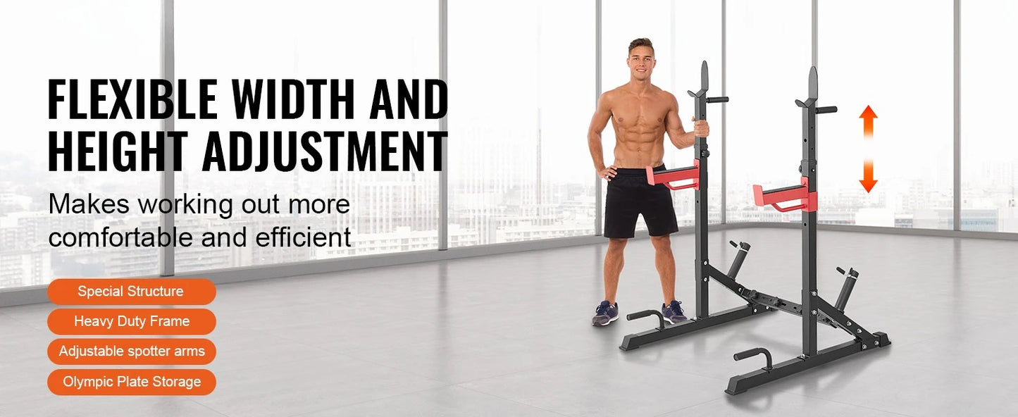Adjustable Squat Stand Power Rack – Multi-Functional Barbell Rack with Hooks, Safety Arms, and Weight Plate Storage