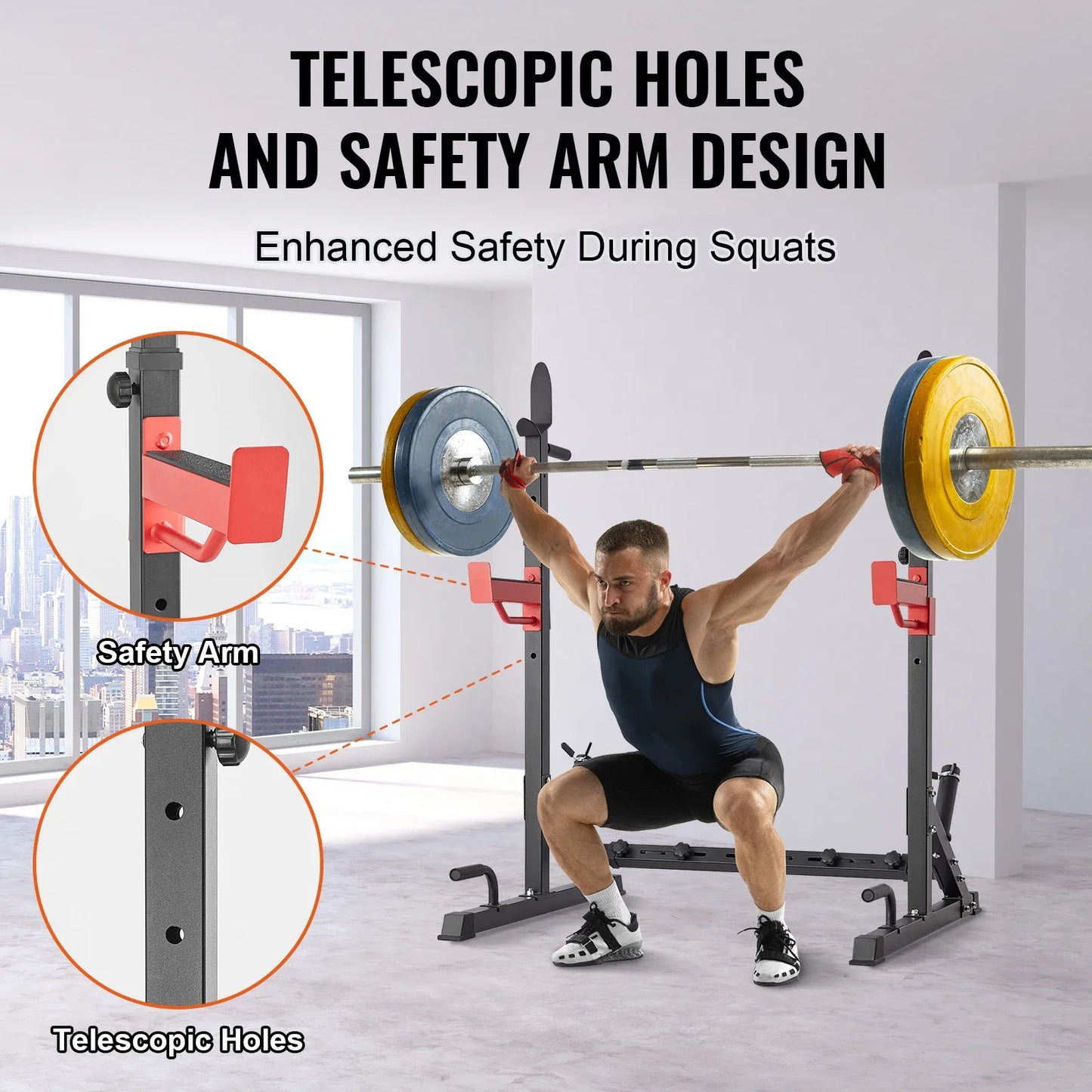 Adjustable Squat Stand Power Rack – Multi-Functional Barbell Rack with Hooks, Safety Arms, and Weight Plate Storage