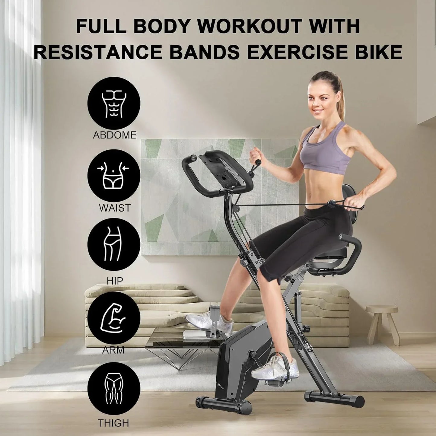 Foldable Exercise Bike – 8-Level Magnetic Resistance with Heart Rate Sensors, LCD Display, and Arm Resistance Bands