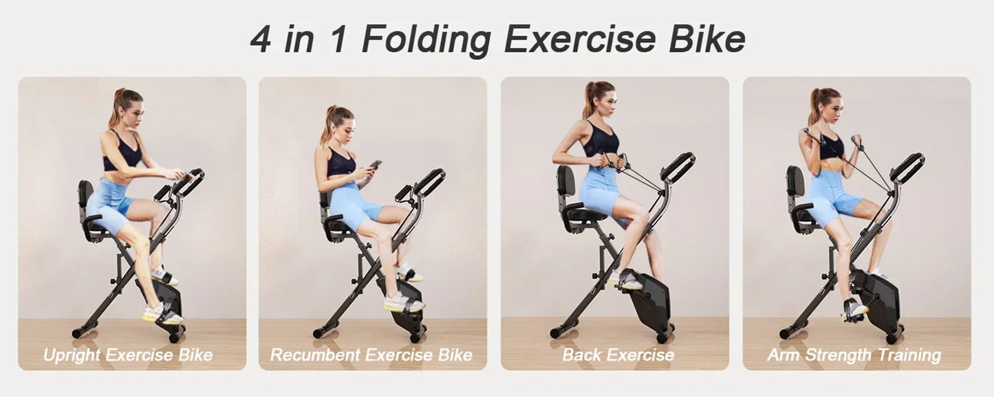 Foldable Exercise Bike – 8-Level Magnetic Resistance with Heart Rate Sensors, LCD Display, and Arm Resistance Bands