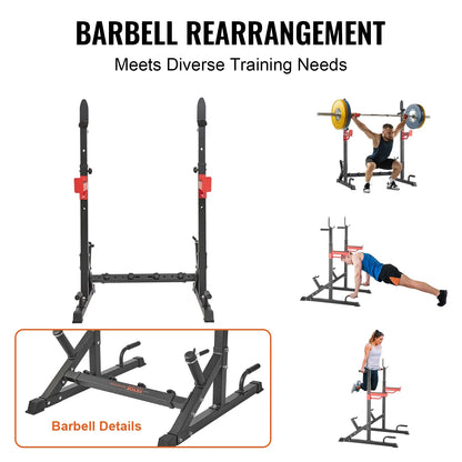 Adjustable Squat Stand Power Rack – Multi-Functional Barbell Rack with Hooks, Safety Arms, and Weight Plate Storage